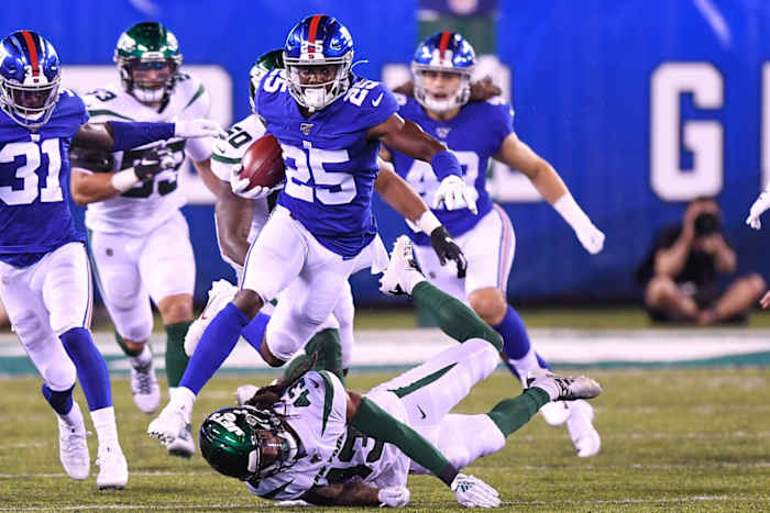 Aug 8, 2019; East Rutherford, NJ, USA; New York Jets defensive back Parry Nickerson (43) attempts to tackle New York Giants defensive back Corey Ballentine (25) on a kickoff during the second quarter at MetLife Stadium.